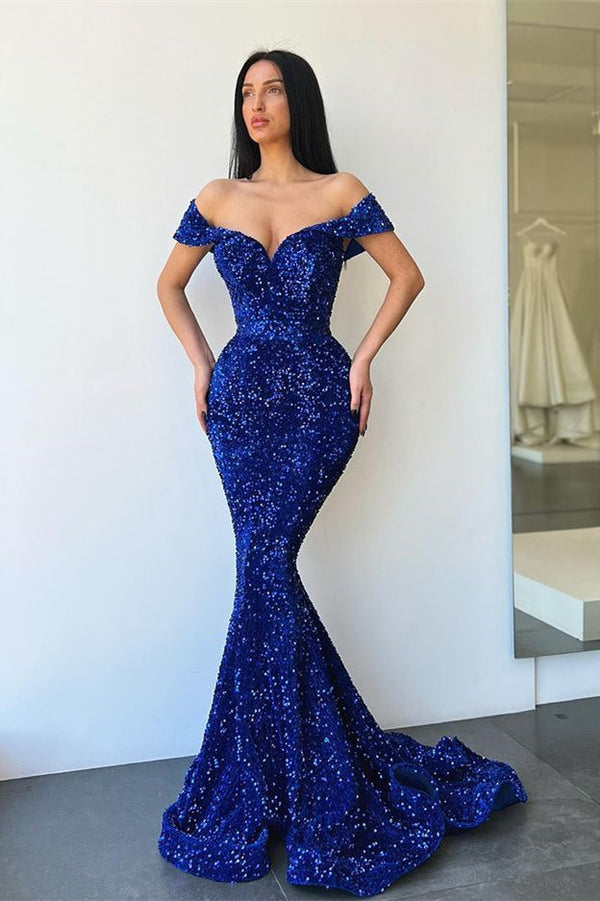 Royal Blue Sweetheart Evening Dress with Off-The-Shoulder & Sequins Mermaid Design-ballbellauk