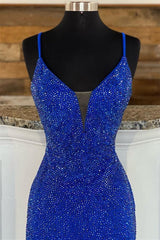 Royal Blue V Neck Mermaid Evening Dress With Appliques Split-ballbellauk