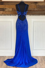 Royal Blue V Neck Mermaid Evening Dress With Appliques Split-ballbellauk