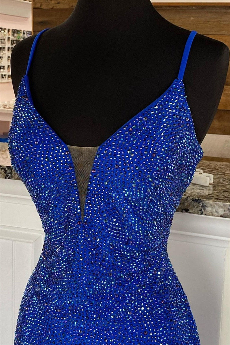 Royal Blue V Neck Mermaid Evening Dress With Appliques Split-ballbellauk