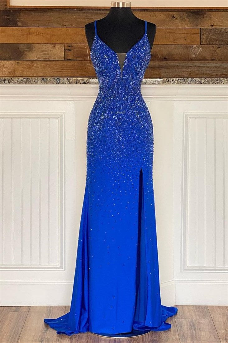 Royal Blue V Neck Mermaid Evening Dress With Appliques Split-ballbellauk