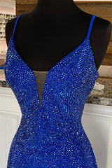 Royal Blue V Neck Mermaid Evening Dress with Appliques Splitting-ballbellauk