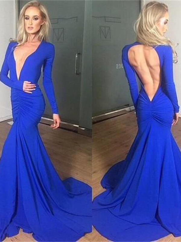 Royal Blue V-Neck Mermaid Prom Dress UK with Long Sleeves-ballbellauk