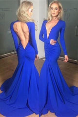 Royal Blue V-Neck Mermaid Prom Dress UK with Long Sleeves-ballbellauk