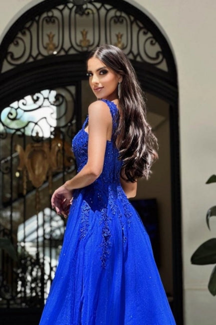 Royal Long Blue Sleeveless Ball Dresses A-line Lace Evening Gown-ballbellauk