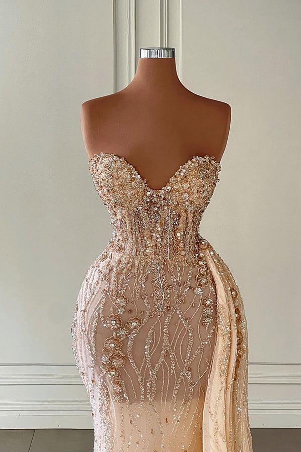 Ruffle Sweetheart Sleeveless Mermaid Evening Dress with Beadings Rhinestones and Sexy Champagne-ballbellauk