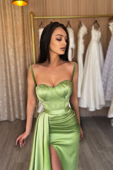 Sage Mermaid Evening Dress with Spaghetti-Straps and Sweetheart Split-ballbellauk