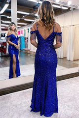 Sequin Mermaid Slit Evening Dress with Spaghetti-Strap Online Blue-ballbellauk