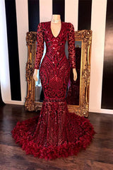 Sequined Burgundy Mermaid Prom Dress UK with Long Sleeves-ballbellauk