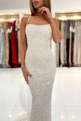 Sequined Mermaid Prom Dress UK with Open Back and Spaghetti Straps-ballbellauk