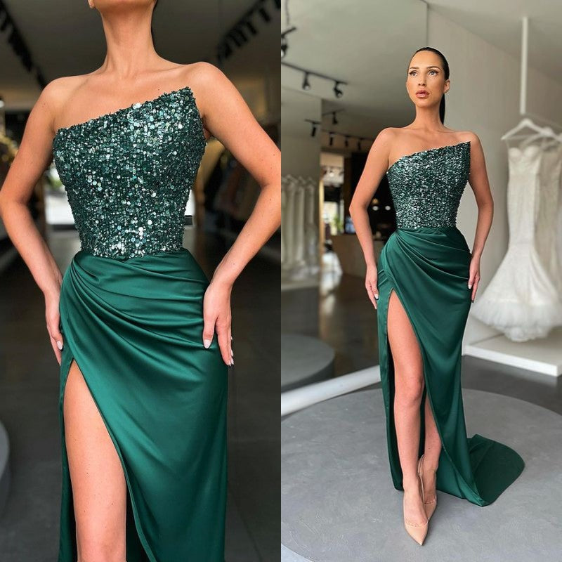 Sequins Dark Green Prom Dress UK with Split-ballbellauk