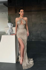 Sequins Mermaid Evening Dress With Split - Sleeveless Halter Long-ballbellauk