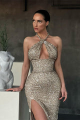 Sequins Mermaid Evening Dress With Split - Sleeveless Halter Long-ballbellauk