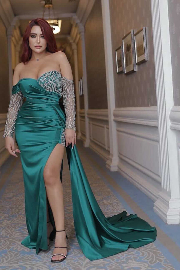 Sexy Emerald Green Off-the-shoulder Mermaid Prom Dress UK with Beadings and Split-ballbellauk