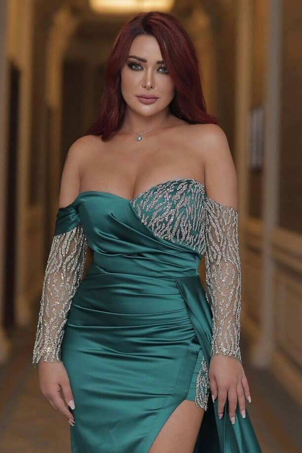 Sexy Emerald Green Off-the-shoulder Mermaid Prom Dress UK with Beadings and Split-ballbellauk