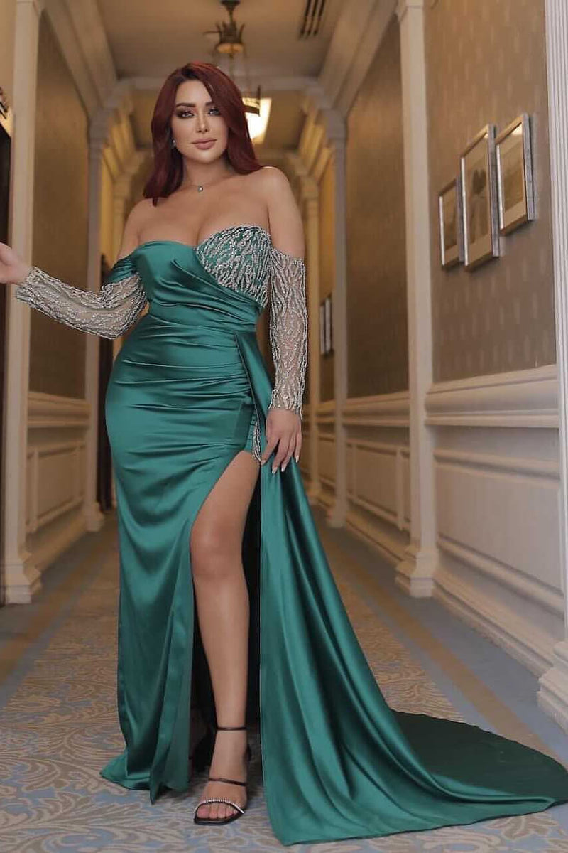 Sexy Emerald Green Off-the-shoulder Mermaid Prom Dress UK with Beadings and Split-ballbellauk