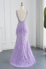 Sexy V-Neck Mermaid Evening Dress Sheath with Feathers Open Back-ballbellauk