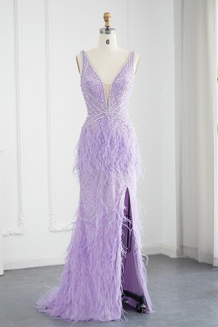 Sexy V-Neck Mermaid Evening Dress Sheath with Feathers Open Back-ballbellauk