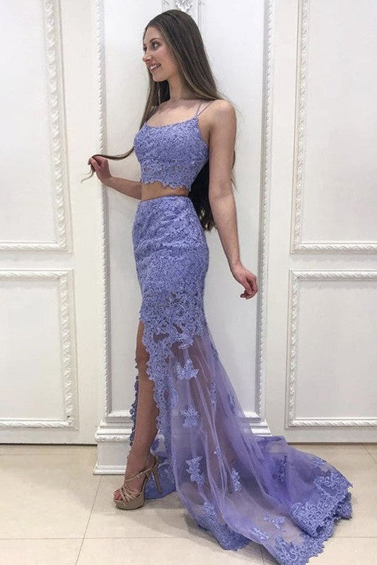 SheathLace With Appliques Spaghetti-Straps Sleeveless Two Piece Prom Dress-ballbellauk