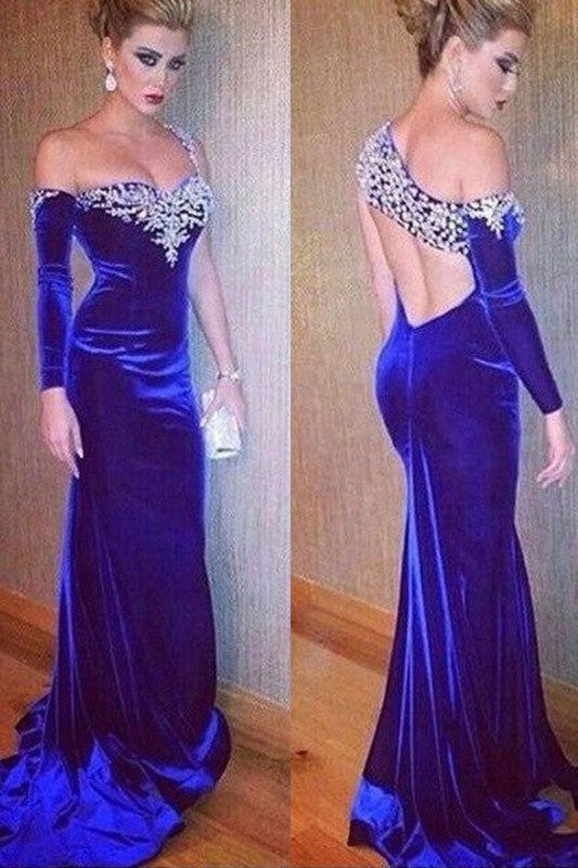 SheathLong Sleeves One-Shoulder Beading Prom Dress with Velvet-ballbellauk