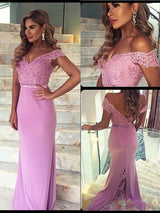 SheathOff-the-Shoulder Sleeveless Lace Long Stain Prom Dress-ballbellauk