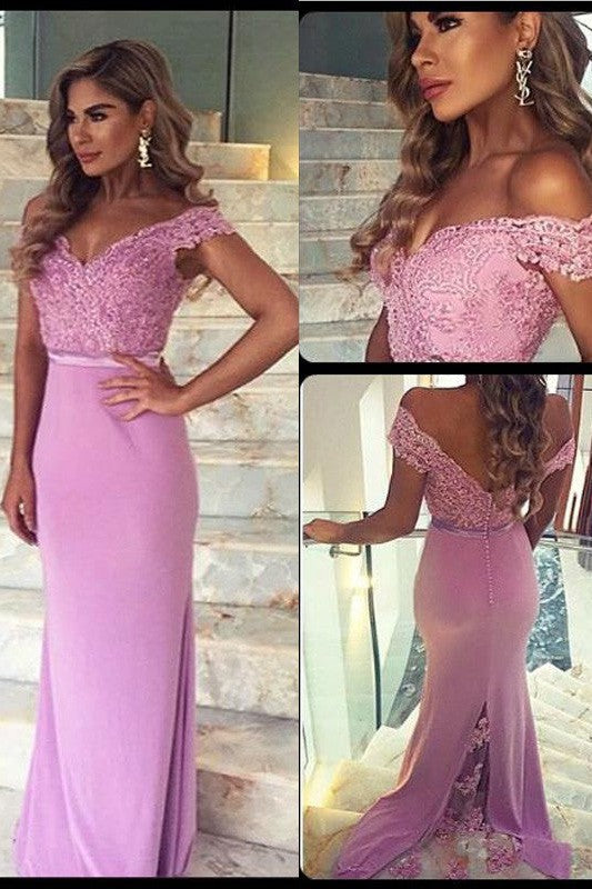 SheathOff-the-Shoulder Sleeveless Lace Long Stain Prom Dress-ballbellauk