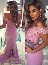 SheathOff-the-Shoulder Sleeveless Lace Long Stain Prom Dress-ballbellauk