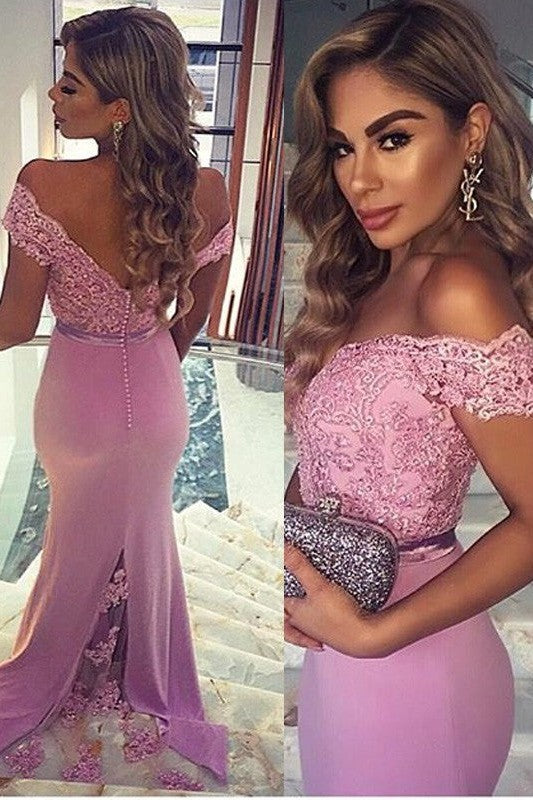 SheathOff-the-Shoulder Sleeveless Lace Long Stain Prom Dress-ballbellauk