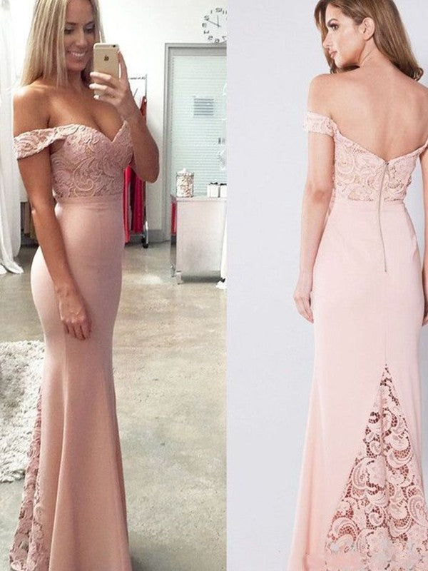 SheathOff-the-Shoulder Sleeveless Long Lace Spandex Prom Dress-ballbellauk