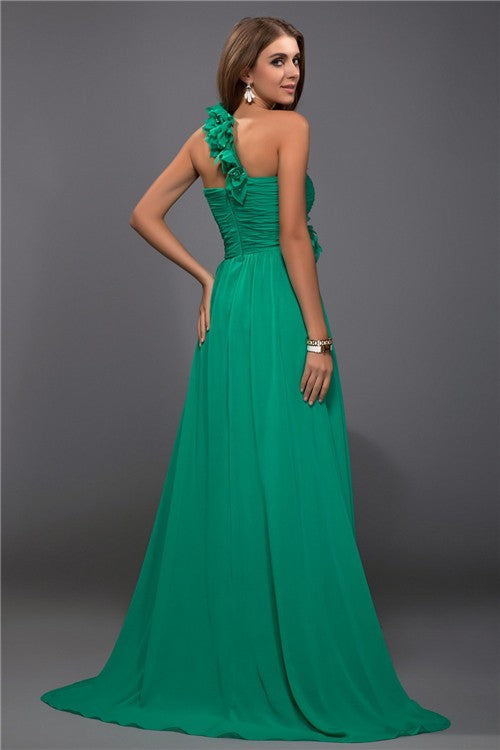 SheathOne Shoulder Ruffles Sleeveless Hand-Made Flower Long Evening Dress Chiffon-ballbellauk