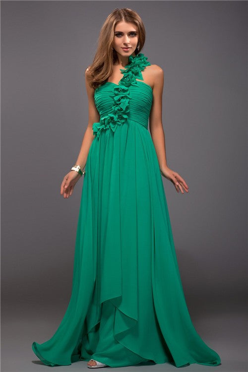 SheathOne Shoulder Ruffles Sleeveless Hand-Made Flower Long Evening Dress Chiffon-ballbellauk