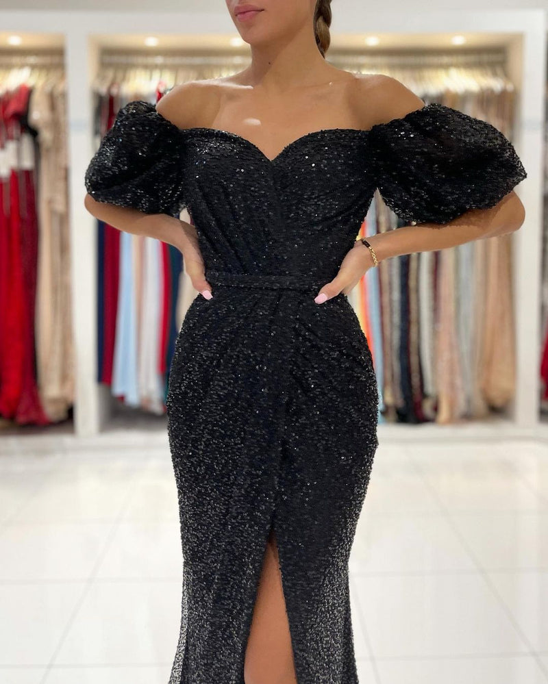 Shinning Black Mermaid Sequins Prom Dress Long Split Off-the-Shoulder-ballbellauk