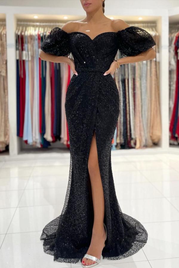 Shinning Black Mermaid Sequins Prom Dress Long Split Off-the-Shoulder-ballbellauk