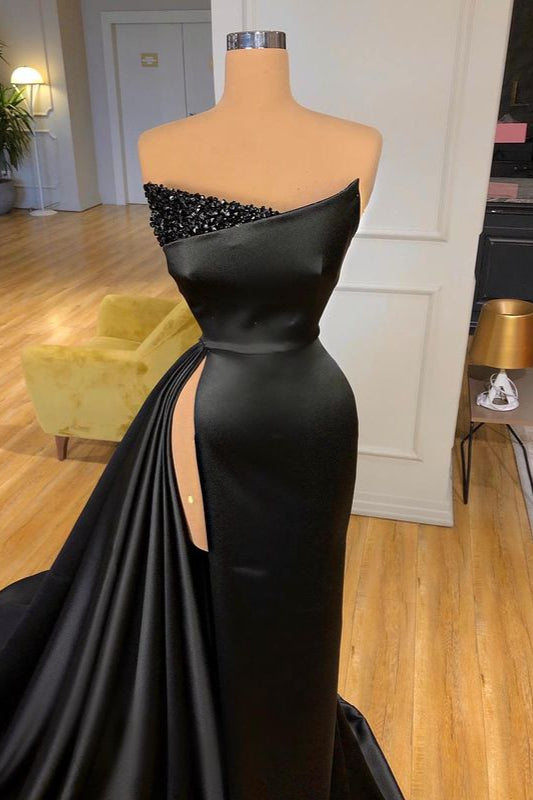 Shinning Black Prom Dress With Split Beadings Ball Dresses Long-ballbellauk