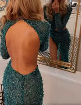 Shinning Green Slit Prom Dress Long Sequins Beadings Long Sleeve-ballbellauk