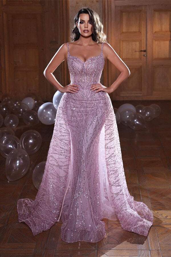 Shinning Mermaid Evening Dress with Spaghetti-Straps and Overskirt Sleeveless Online-ballbellauk