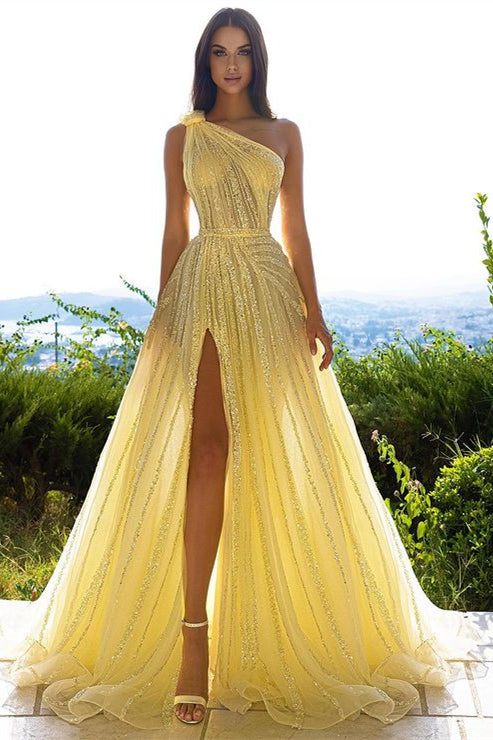 Shinning One Shoulder Daffodil Sequins Evening Dresses Long Slit On Sale-ballbellauk