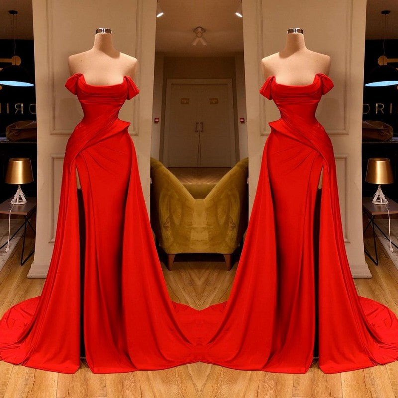 Shinning Red Long Prom Dress With Split On Sale Off-the-Shoulder-ballbellauk