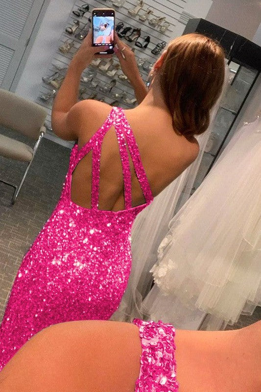 Shinning Sequins One-Shoulder Sleeveless Prom Dress-ballbellauk