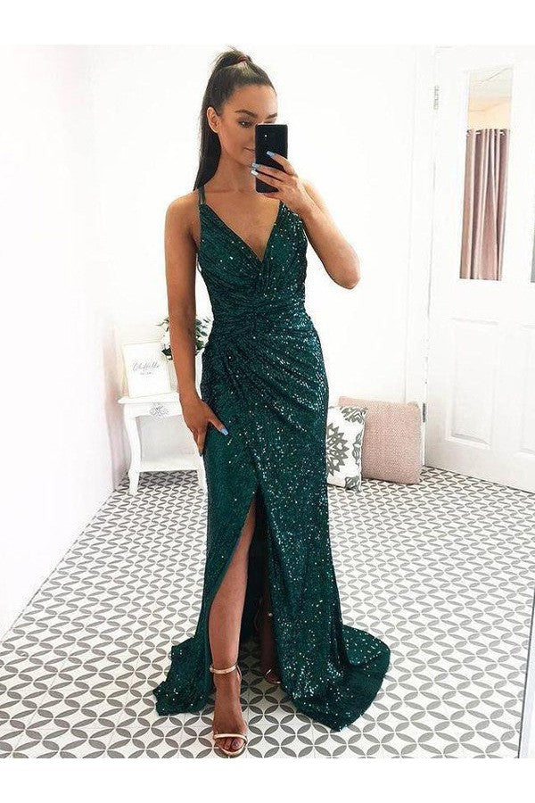 Shinning Sequins Ruched V-neck Sleeveless Prom Dress-ballbellauk