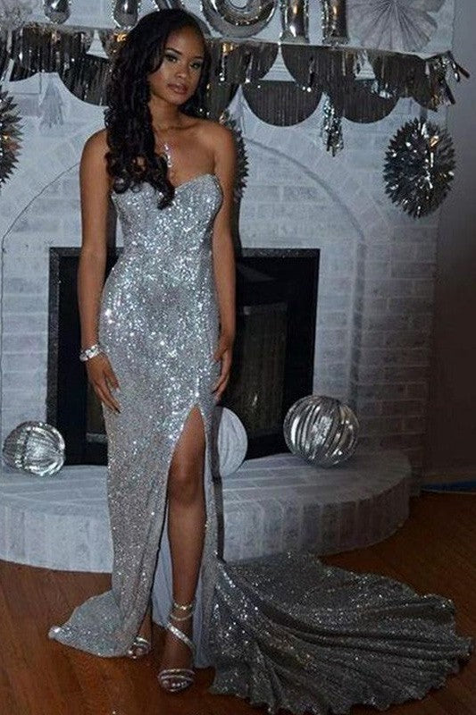 Shinning Sequins Sleeveless Court Train Off-the-Shoulder Prom Dress-ballbellauk