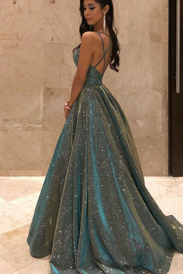 Shinning Sequins V-Neck Prom Dress UK-ballbellauk