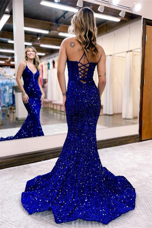 Shiny Sequin Mermaid Evening Dress - Blue Floor Length Prom Dress Online-ballbellauk