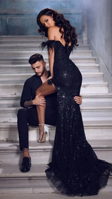 Shiny Sequins Off The Shoulder Slit Prom Dress UK with Feathers-ballbellauk