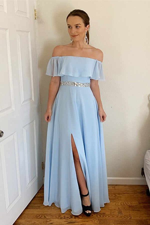 Sky Blue Off-the-Shoulder Prom Dress UK With Split-ballbellauk