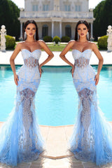 Sky Blue Sweetheart Mermaid Prom Dress UK with Appliques and Feathers-ballbellauk