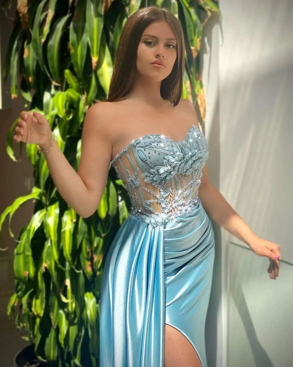 Sky Blue Sweetheart Sleeveless Mermaid Evening Dress with Satin Ruffles and Beaded Split-ballbellauk