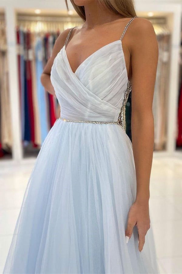 Sky Blue Tulle Prom Dress UK With Beads and Spaghetti-Straps-ballbellauk