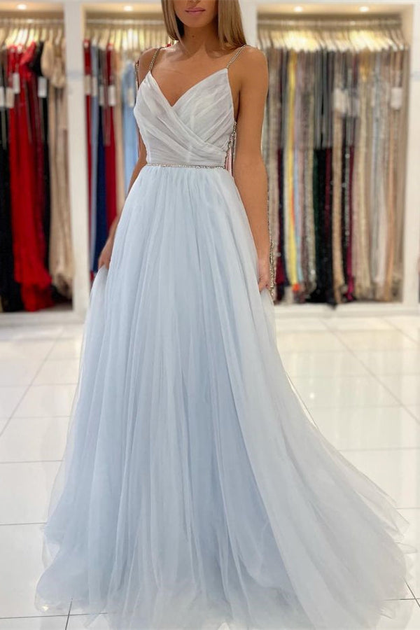 Sky Blue Tulle Prom Dress UK With Beads and Spaghetti-Straps-ballbellauk