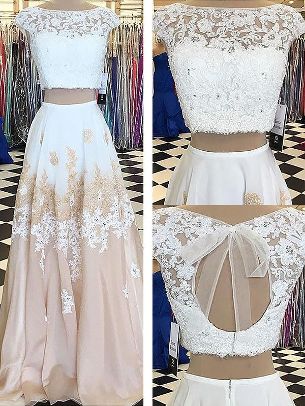 Sleeveless Amazing Bateau Chiffon Lace Long Two Piece Prom Dress-ballbellauk